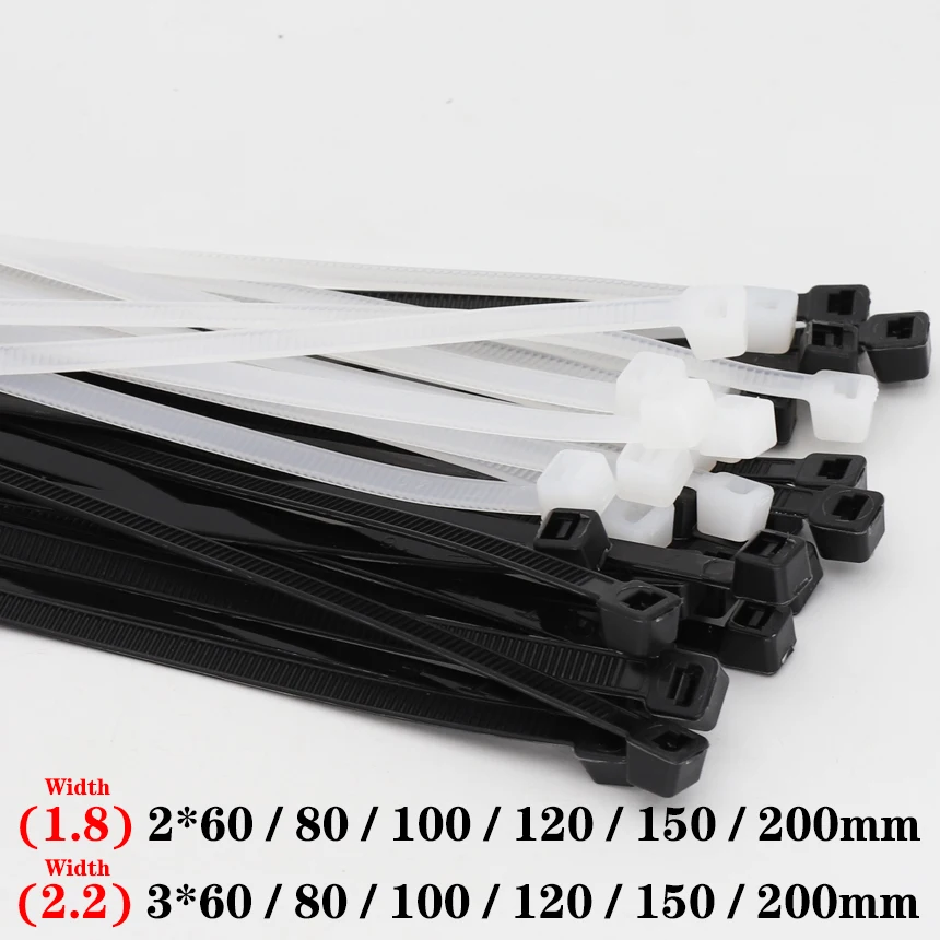 자체 잠금 나일론 플라스틱 스트랩 랩 지퍼 타이 케이블 타이, 화이트 블랙, 3x60mm, 80mm, 100mm, 120mm, 150mm, 200mm, 1.8mm, 2.2mm 너비