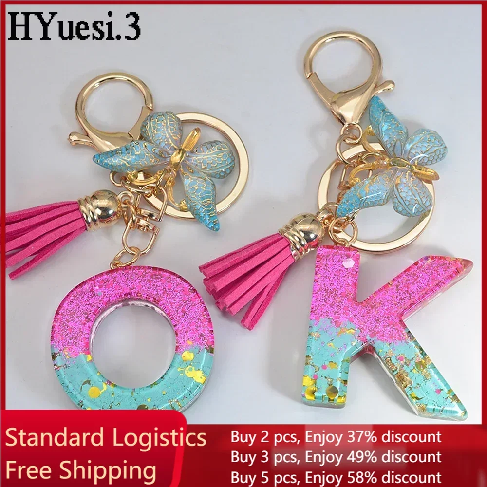 Pink Blue Color Letter Keychain Women Purse Decor Resin Sequin Initial Alphabet Key Rings With Tassel Butterfly For Couple Gifts