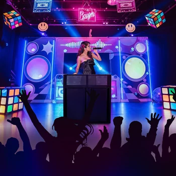 Portable DJ Booth 40x20x45 in, Foldable DJ Table Stand with Black/White Scrims, Heavy-Duty Metal Frame for Events and Clubs 5