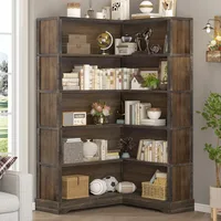 Wood Corner Bookcase, 5-Shelf 65 Inch Tall Bookshelf with Storage, Floor Standing Display Book Shelf for Living Room 2