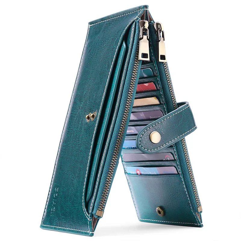 

Large capacity women's oil wax cowhide retro card bag with multiple card positions, zipper phone bag, multi-functional wallet