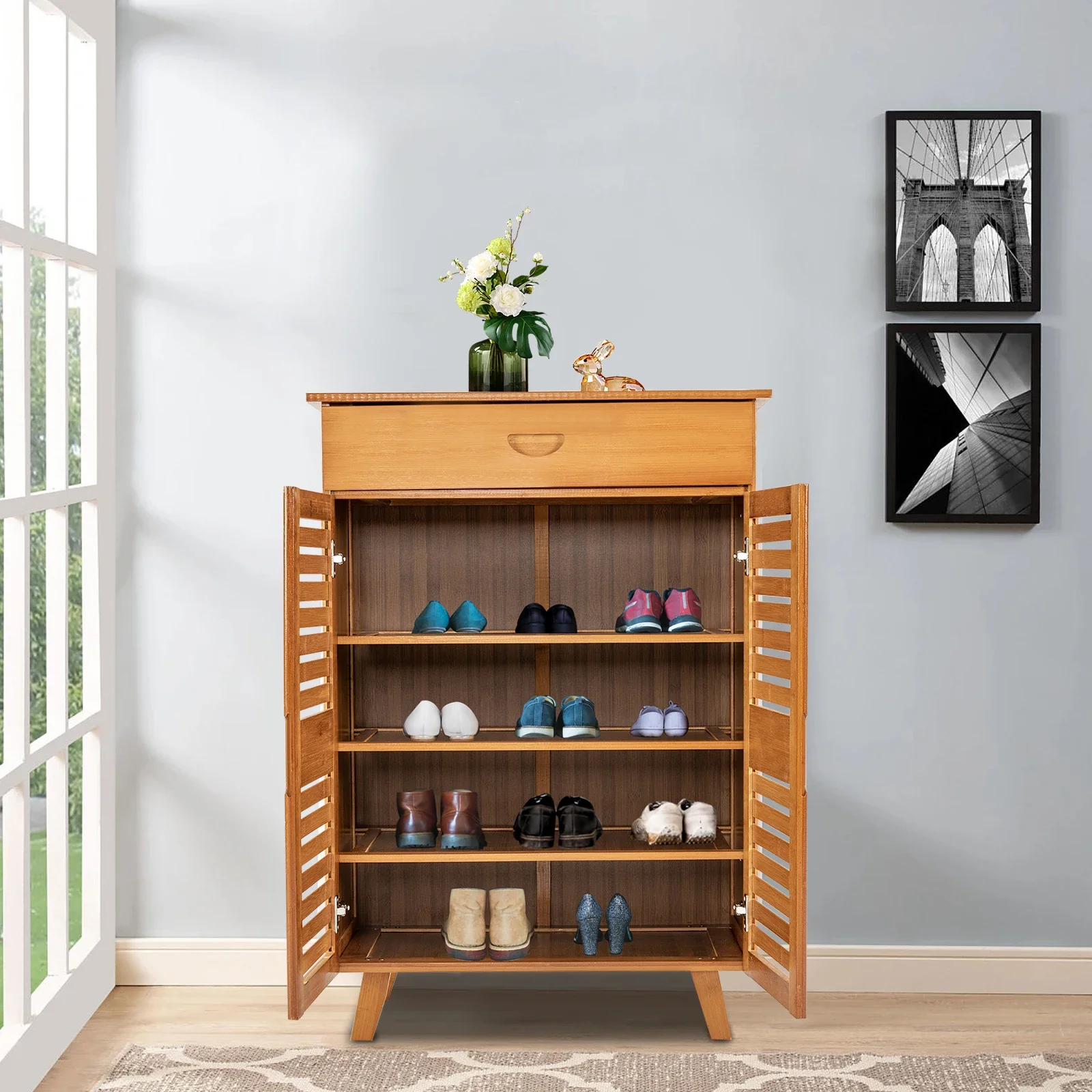 Retro 5 Tier Shoe Rack Classic Passageway Storage Cabinet with Drawer for Home Living Room Bedroom Chic Shore Hanger Tools 2