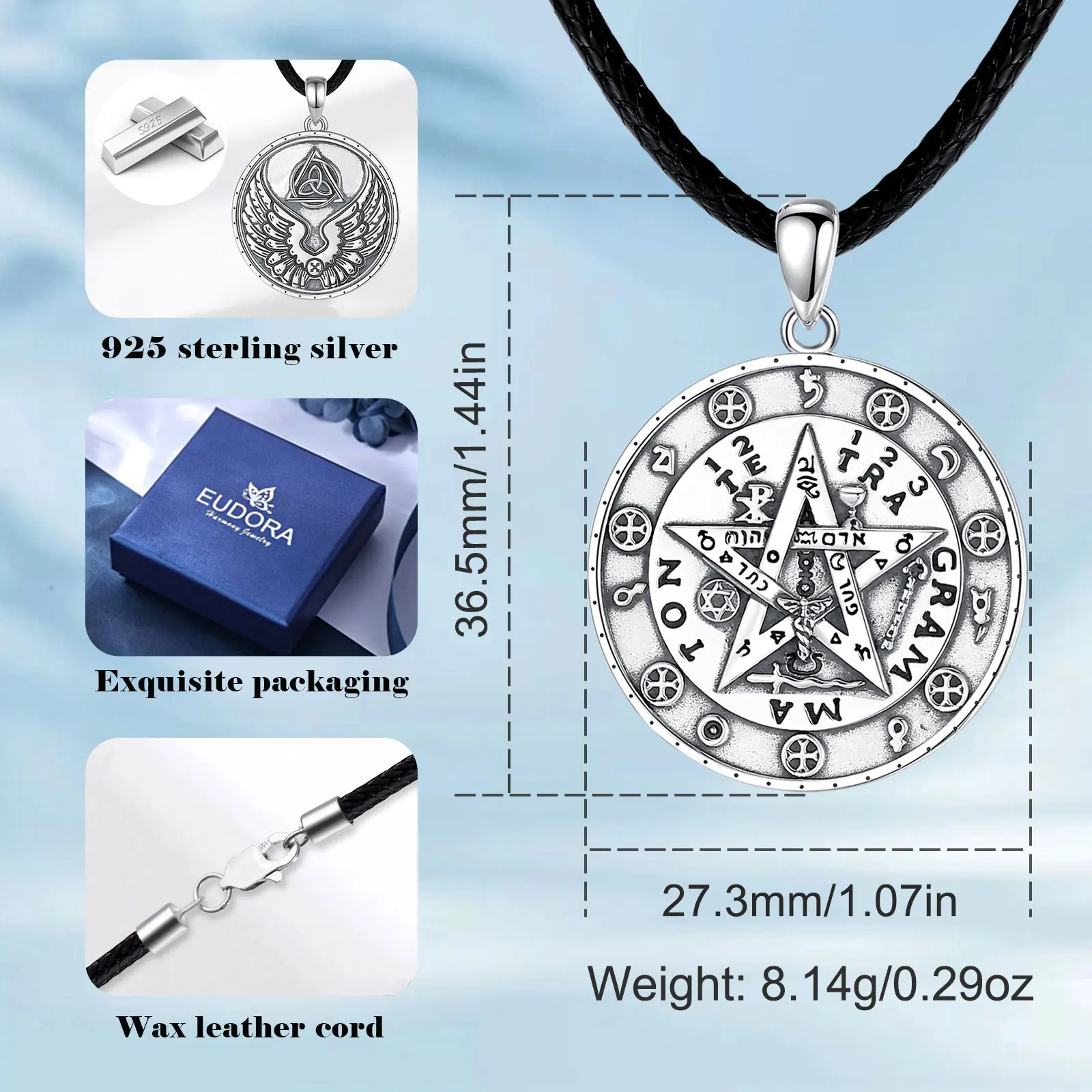 Pendant Necklace Eudora 925 Sterling Silver Pentagram Runes