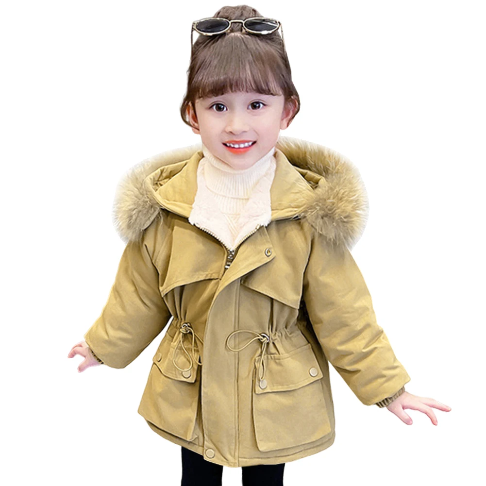 

Girls Fleece Parka Children's Fur Hooded Pockets Pudder Coat Warm Plush Thick Kids Cotton Quilted Jacket Snow Suit for Winter