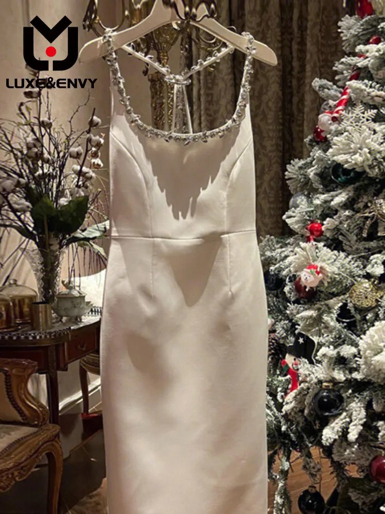 

LUXE&ENVY White minimalist camisole dress women 2024, new waistband slimming and backless exquisite studded diamond