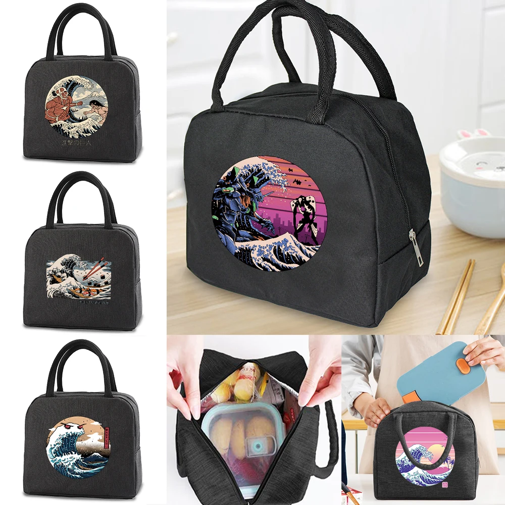 Portable Lunch Bag for Women Insulated Canvas Cooler Tote Thermal Food  Children Picnic Bags Lunch Bags for Work Wave Pattern cute lunch bag women kawaii portable insulated cooler bags thermal drawstring lunch box tote food bags for student kids picnic