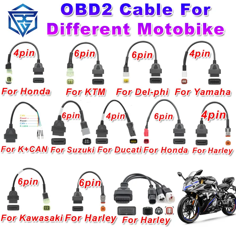 Разъем OBD2 для мотоцикла для YAMAHA 3 4pin для Harley HONDA 4 6pin K + CAN кабель для автомобиля грузовика Moto OBD 2 Удлинительный кабель