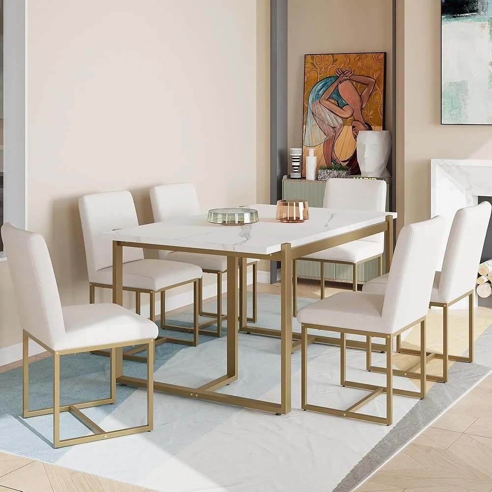 7-Piece Dining Table Set Faux Marble Top 6 Upholstered Chairs L-Shaped Legs Kitchen Furniture Modern Home Dining Room