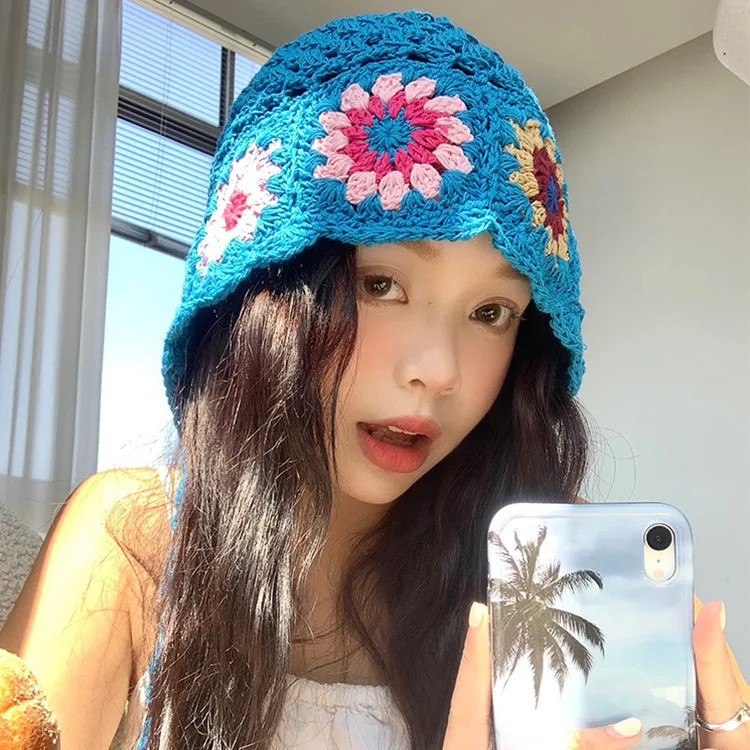 Women's Crochet Flower Beanie Hat Autumn Handmade Knitted Skullies Cap Female Hollow Beanies Cap Outdoor Foldable Sunscreen Hat 2