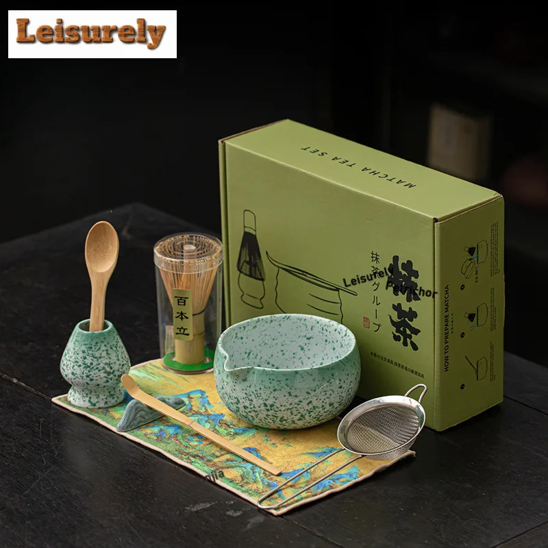 Kiln Fambe Wave Point Matcha Tool Set Eight-piece Ceramic Tea Bowl Cup Hundred Book Stand Whisk Making Craft Teaware Supplies
