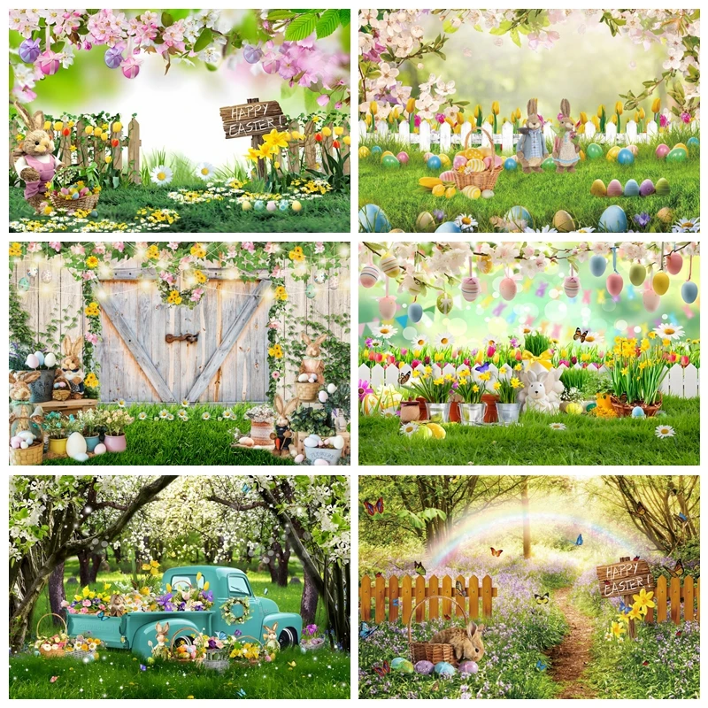 

Easter Backdrops Photography Spring Garden Green Grass Lawn Pink Floral Bunny Eggs Background Baby Portrait Photographic Props