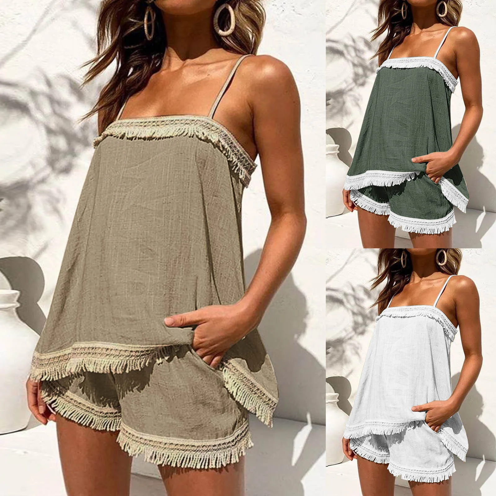 

Summer 2 Piece Set Outfits Women Sexy Solid Color Boho Sling Tassel Shorts Sets Ladies Halter Fringe Top Beach Outfits Femme