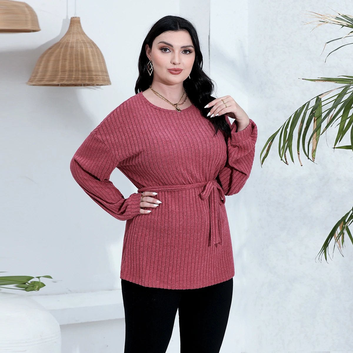 Plus Size Women Clothes 2024 New Solid Color Top Casual Crew Neck Long Sleeve Stripe Shirt Women's Plus Size Clothing L013