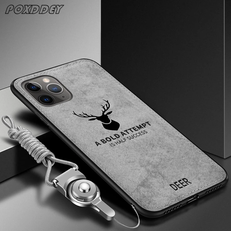 Vintage Deer Print Lanyard Phone Case with PU Cloth Texture Back Cover