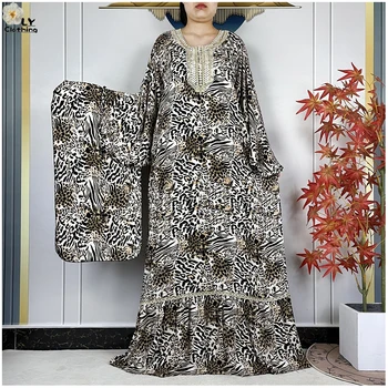 2026 Dubai Luxury Dress Leopard Print Long Sleeve Cotton Women Loose Abaya Boho Maxi Dress Casual Fashion Dress African Vestidos 1