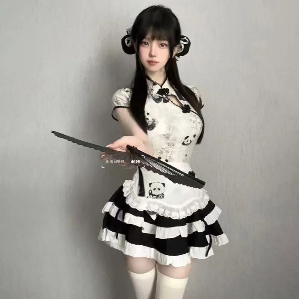 Chinese Lolita Dress Vintage Sweet Kawaii Assymmetrical Qipao Top + Ruffles Skirt + White Apron Cute Lolita Style Clothing