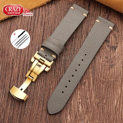 Vintage Waterproof Leather Watch Band with Butterfly Buckle - Universal Strap - 20mm (Grey - Gold)