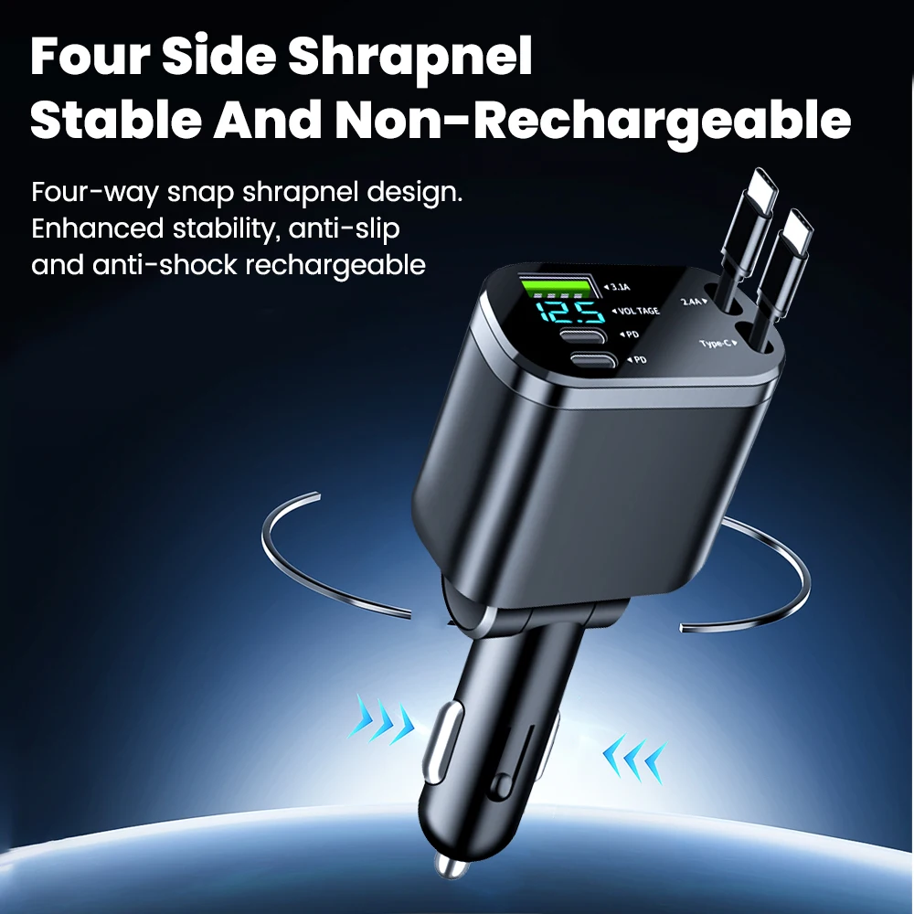 High-Power Car Charger with Retractable Dual Type-C Cable and Fast Charging Capability