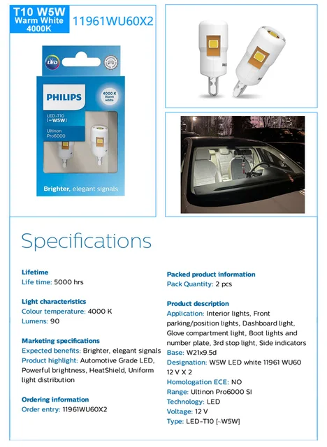 Philips LED T10 W5W 194 Ultinon Pro6000 4000K 6000K Bright White Auto Turn  Signal Lamps Car Interior Lamps No Error 11961, 2x - AliExpress