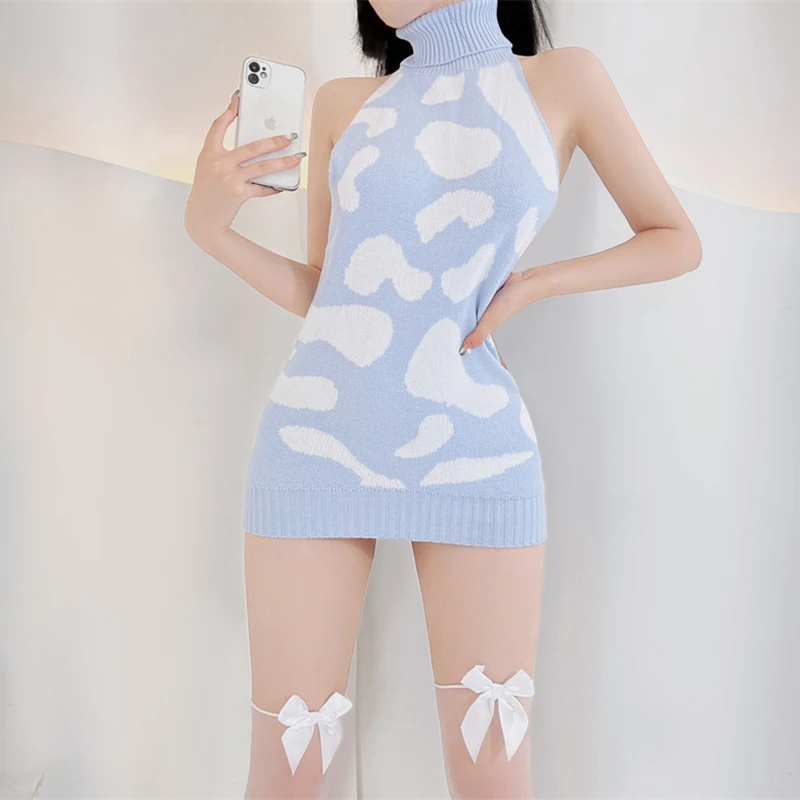 Cute Milk Cow Backless Pullovers Off Shoulder Turtleneck Women Long Sweater Kawaii Korean Fashion Knitted Jumper 6 Colors 5