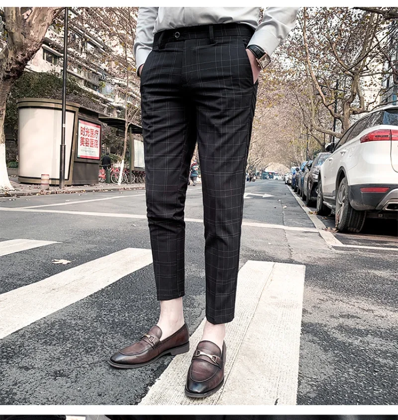 

Брюки мужские костюмные клетчатые, приталенные формальные, модная повседневная одежда, до щиколотки, весна-осень