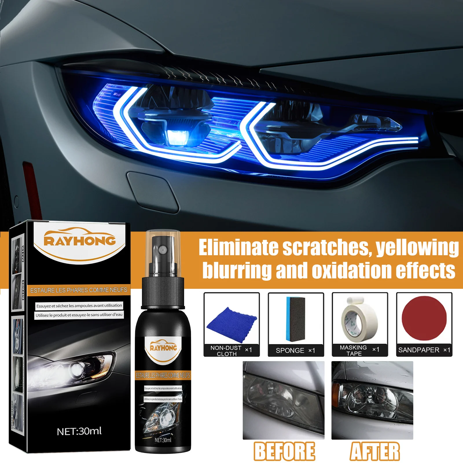 Car Headlight Repair Spray Auto Lens Polish Wax Plastic Restorer