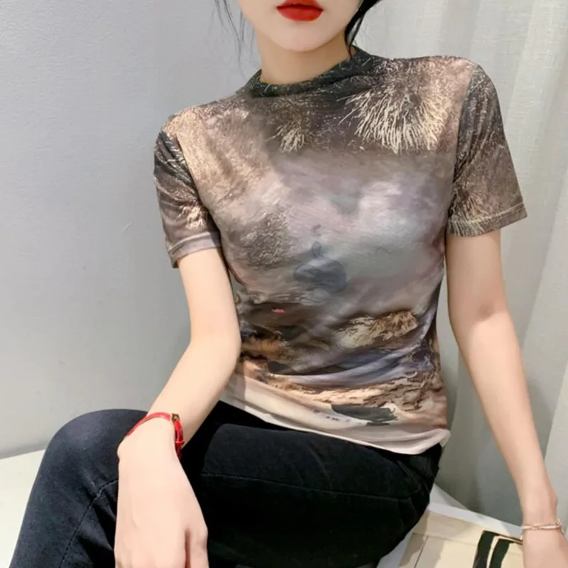 

#8560 Summer Tie Dye Printed Mesh Vintage T Shirt Short Sleeve Half High Collar Basic Short T-shirt Women Tight Elastic