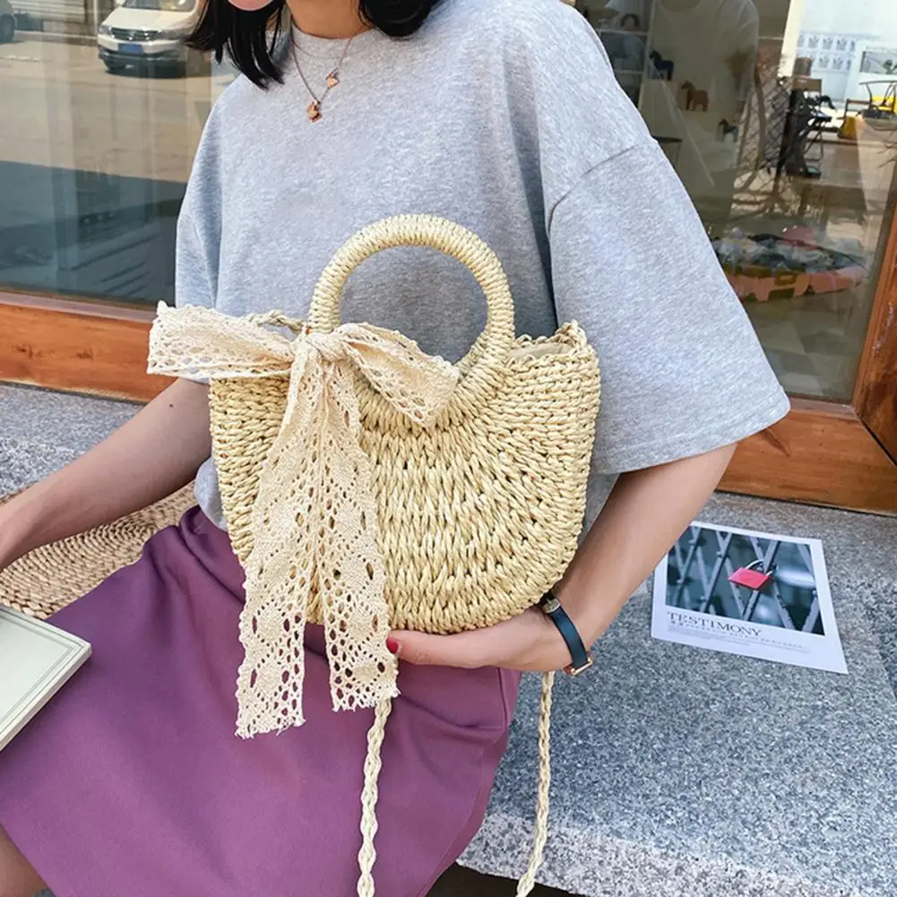 Khaki Small Summer Crossbody Half Round Woven Straw Bag