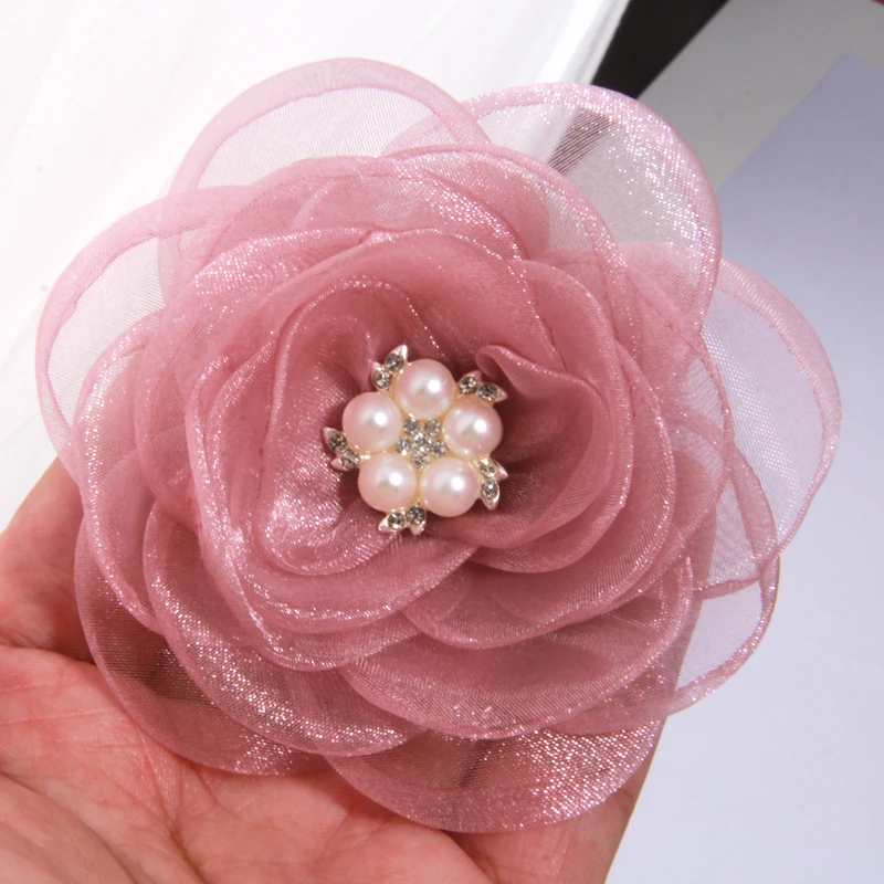 5Pcs 10cm Burn Edge Silk Fabric Flower with Pearl Beads for