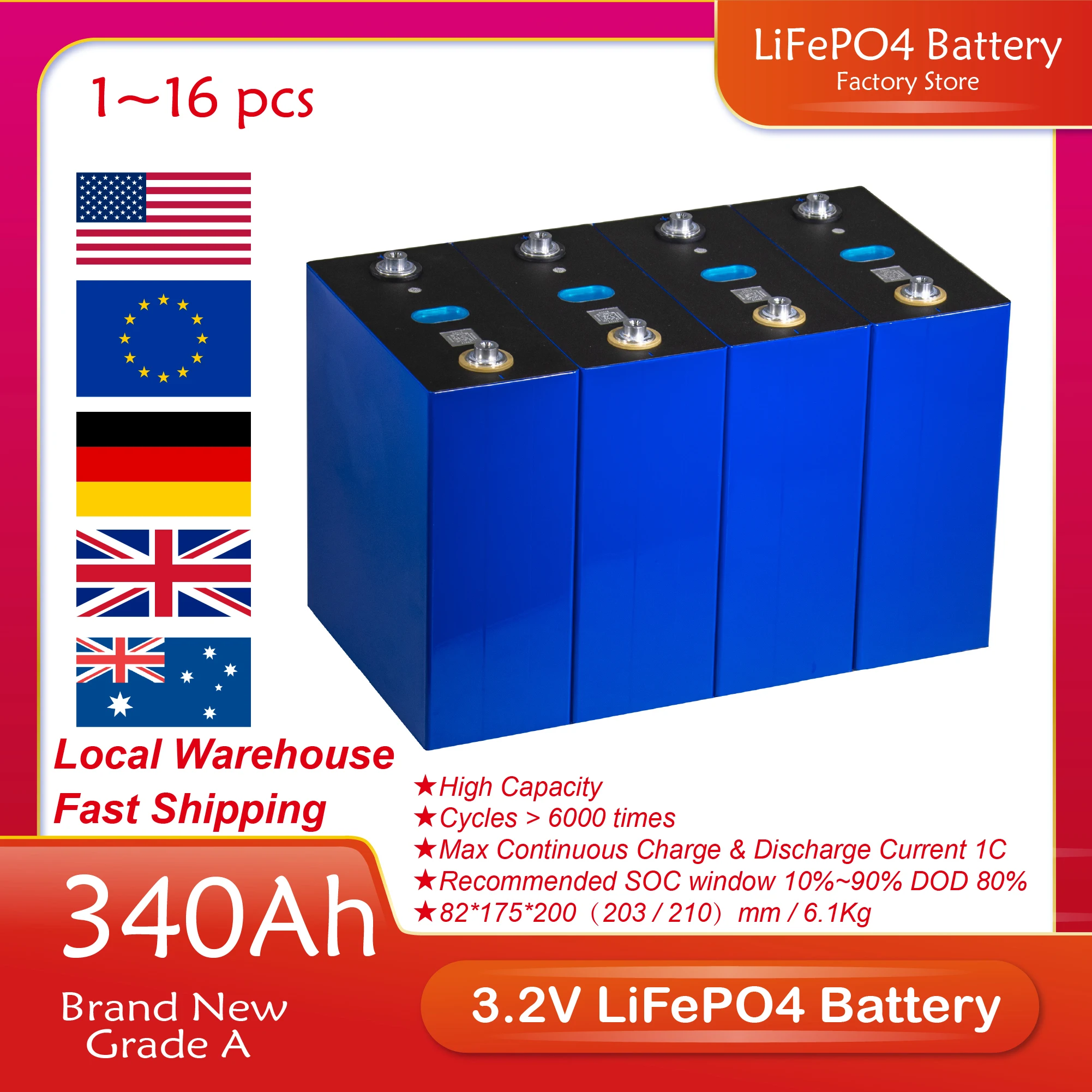 

New 340Ah Lifepo4 Battery 3.2V Rechargeable Battery Pack 12V 24V 48V Grade A Lithium Iron Phospha DIY New Solar EU US Tax Free