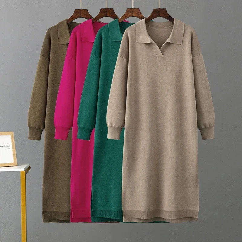 

Winter Warm Thick Knit Loose Dress Women Sweater Split Dress Fashion Autumn Korean Ladys Polo Neck Casual Oversized Soft Dresses