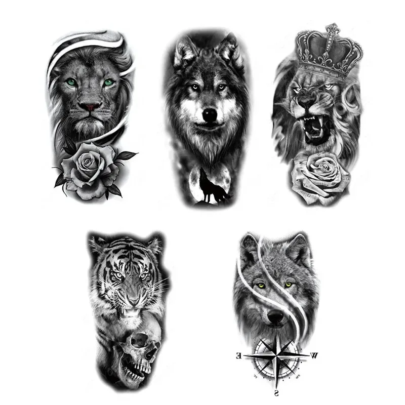 5PCS Waterproof Temporary Tattoo Stickers Wolf Lion Tiger Rose Dragon Snake Skull Animal Body Art for Men Women