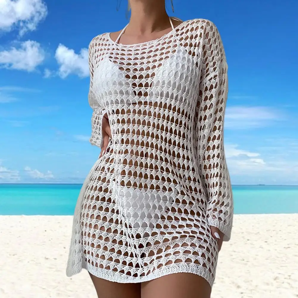 

Summer Sexy Bikini Cover Up O-neck Long Sleeve Crochet Beach Dress Solid Color See-through Hollow Swimsuit Cover Up