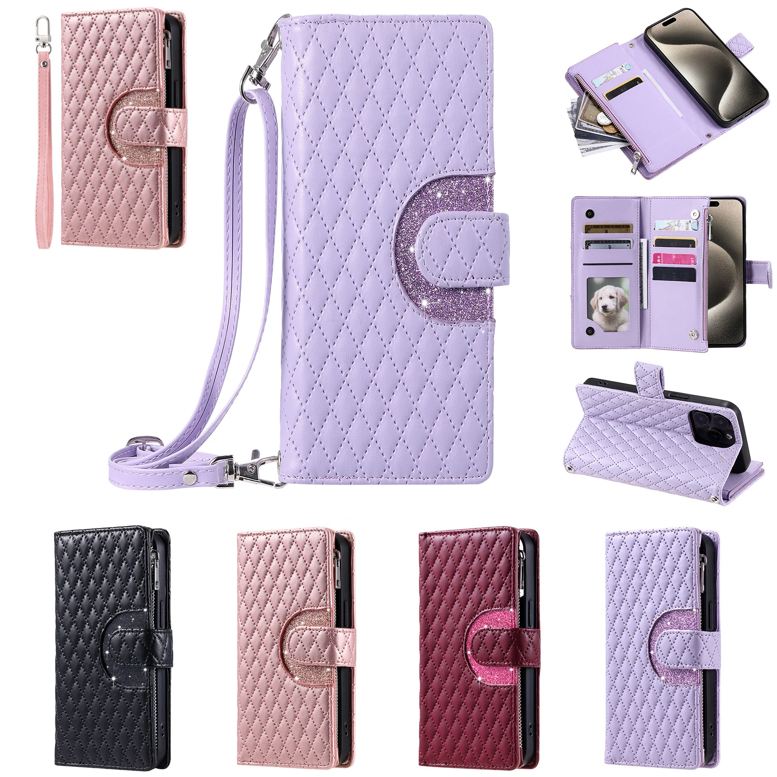 Luxury Multi 9-Card Zipper Case Leather Crossbody Wallet Cover