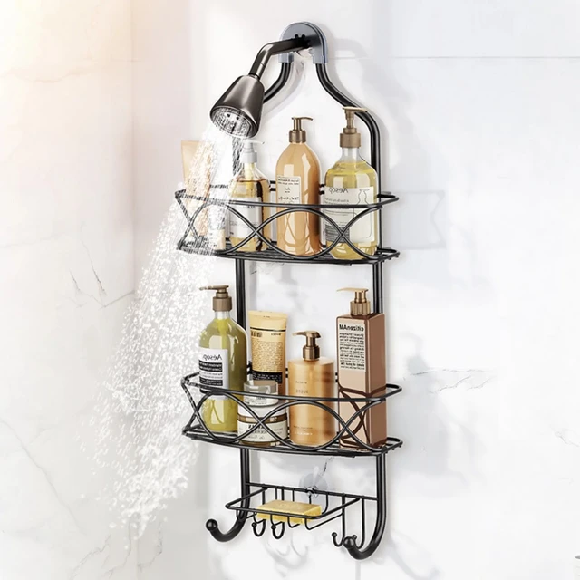 Over Head Shower Organizer, Hanging Bathroom Storage Rack with Soap Holder  and Hooks, 3-Shelf Shower