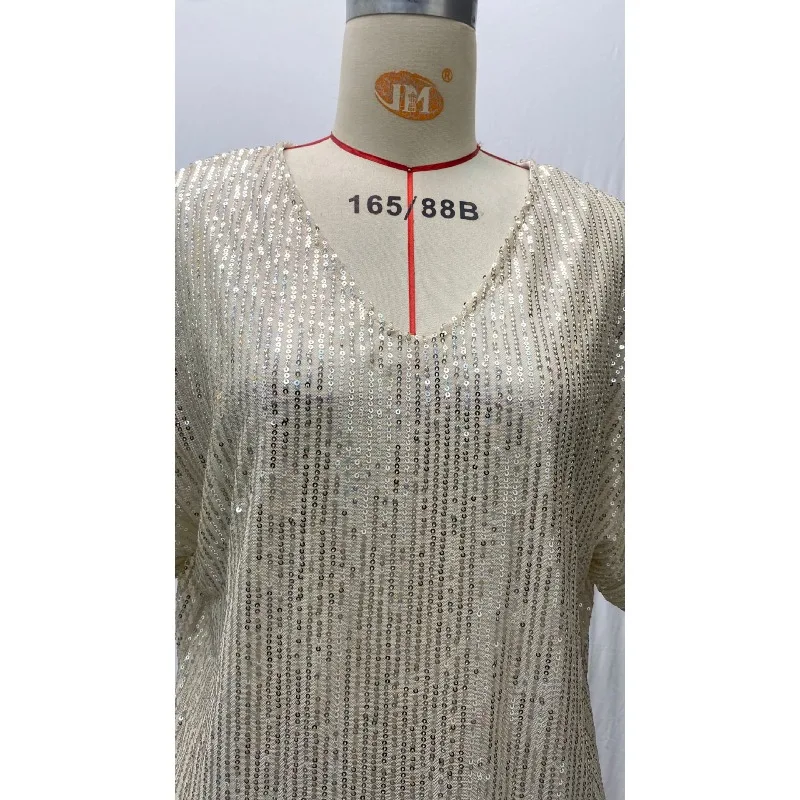 Retro New Sequins Ladies Elegant Short Sleeve Shirt Fashion V-Neck Loose Casual Women's  Pullover Shirt