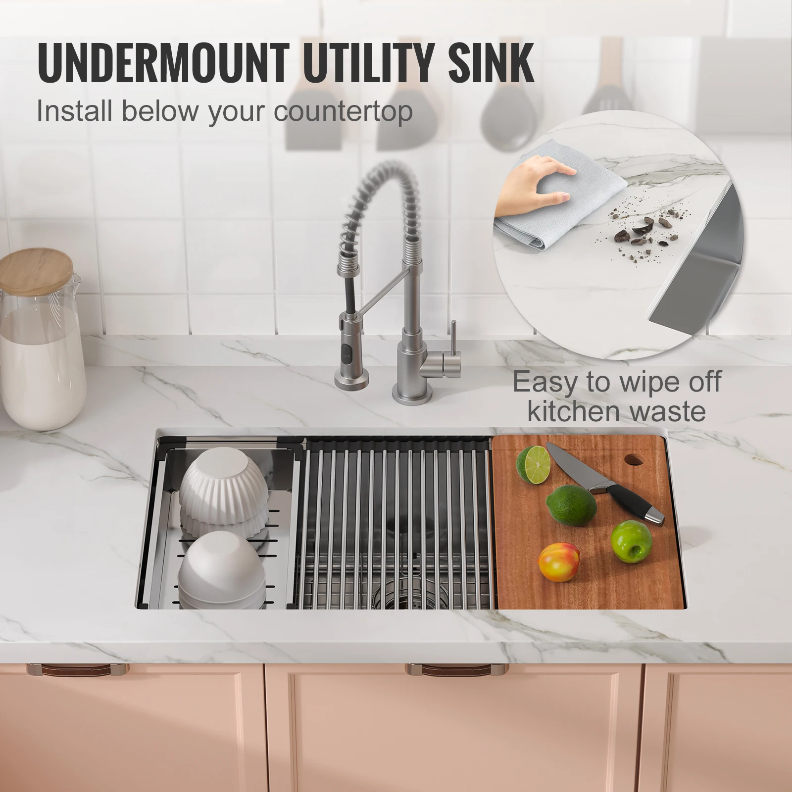 VEVOR 25-32inch Stainless Steel Kitchen Sink Undermount Single Bowl Workstation Step Sink with Cutting Board and Basket Strainer 4