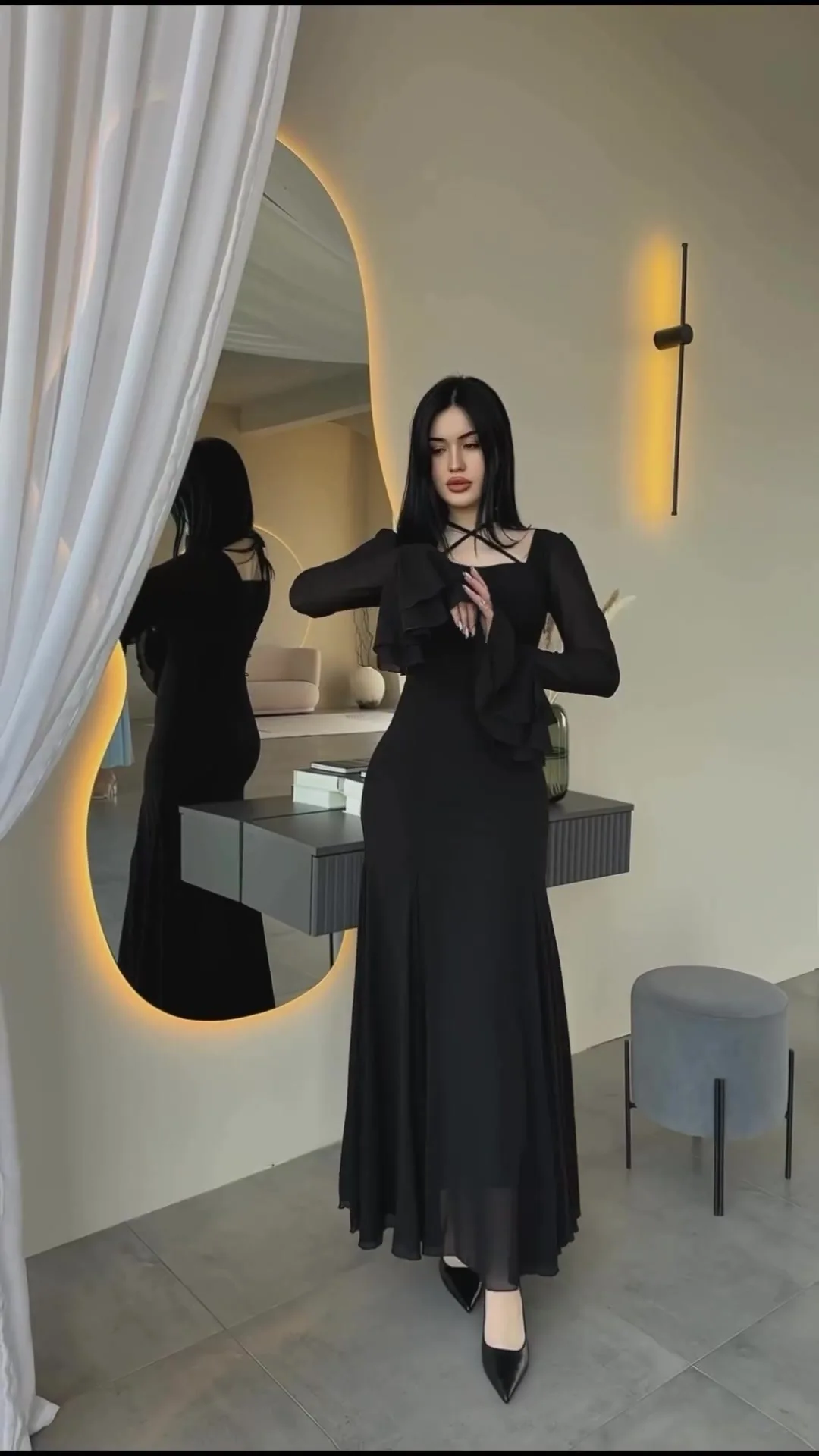 Fashion Autumn Ruffled Long Dress Women Bandage Slim High Waist Elegant Patchwork Party Dress Women's Chiffon Maxi Dress