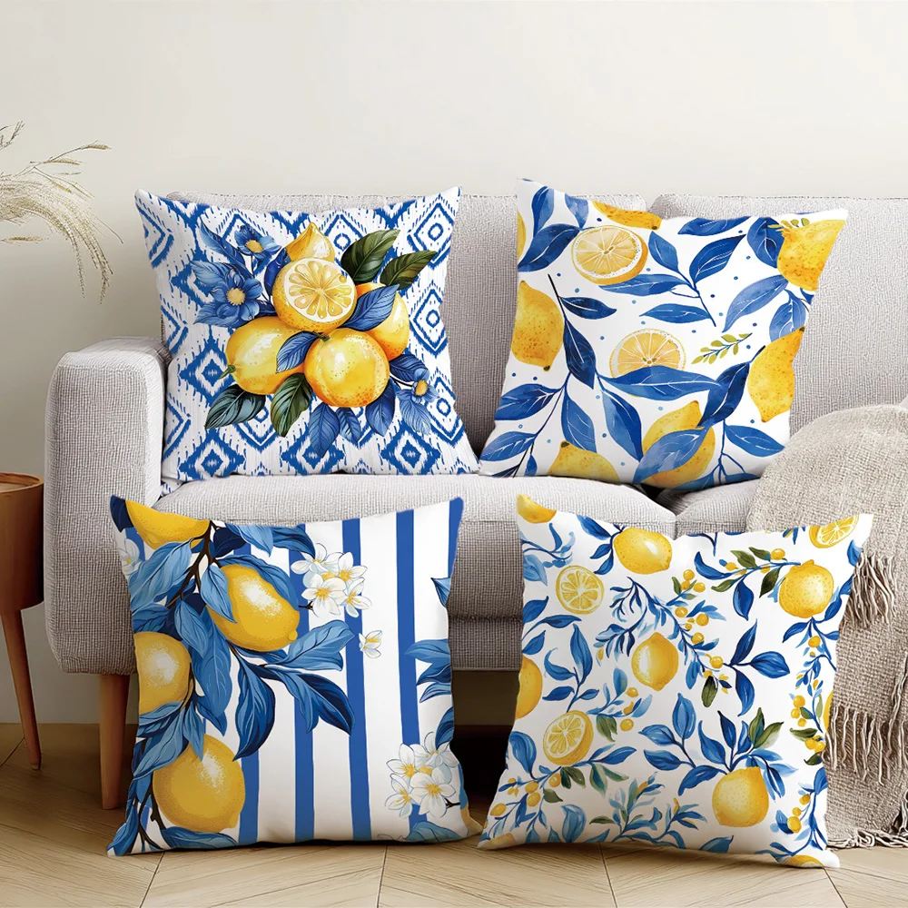 Coastal lemon pillow cover designs styled together on seating