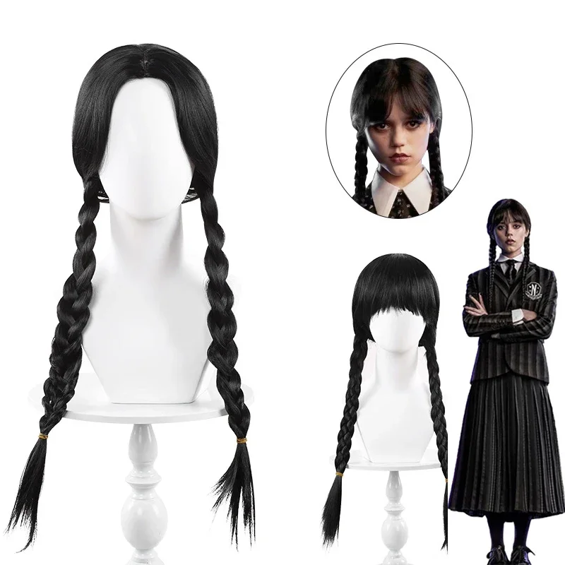 

Wednesday Cosplay Wig Girls Black Long Braided Addams Wig Women Wednesday Cosplay Synthetic Hairs Halloween Wigs with Hairnet