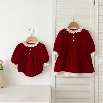 Autumn New Girls' Lace Collar Long-Sleeved Red Baby Rompers Romper Sisters Outfit Dress