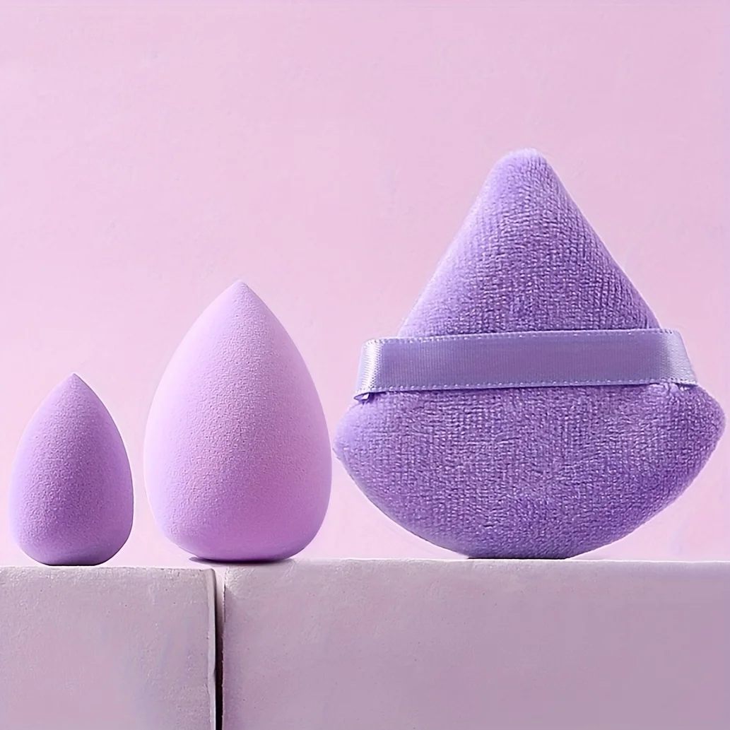 3Pcs Purple Hydrophilic Sponge Set -Latex-Free Non-Absorbent Blenders for Foundation/Concealer/Powder|Triangle & Mini Travel Kit
