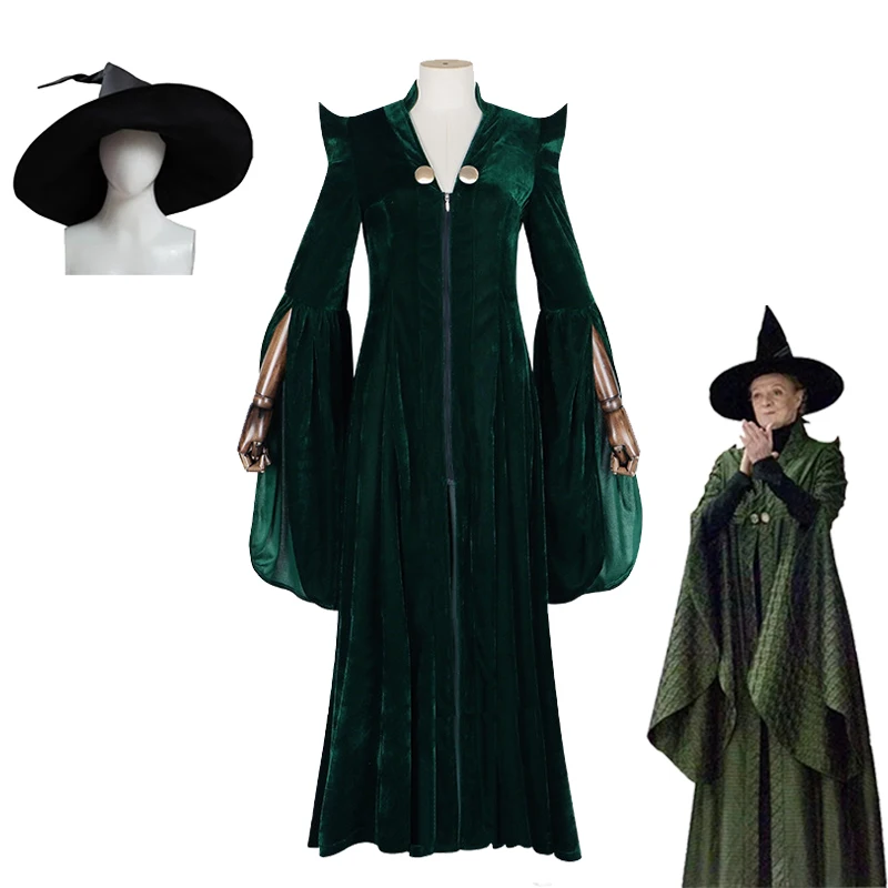 

Professor Minerva McGonagall Cosplay Costume Women Sexy Green Velvet Dress Robe Cape Hat Suit Halloween Carnival Witch Costumes