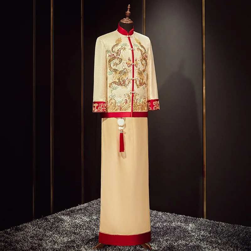 Male Chinese Style Costume Groom Dress Jacket Long Gown Traditional Chinese Wedding Qipao For Men
