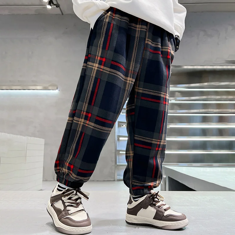 بنطلونات كاجوال للأولاد من 3-12 سنة لفصلي الربيع والخريف، موديل 2026 الجديد، سراويل رياضية فضفاضة من القطن بنقشة مربعات للأطفال، ملابس أطفال