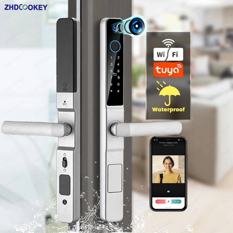 Smart Door Lock Smart Lock with Camera Door Viewer Waterproof IP66 Tuya WiFi Fingerprint Password Sliding RFID Card Sliding Electronic Door Lock
