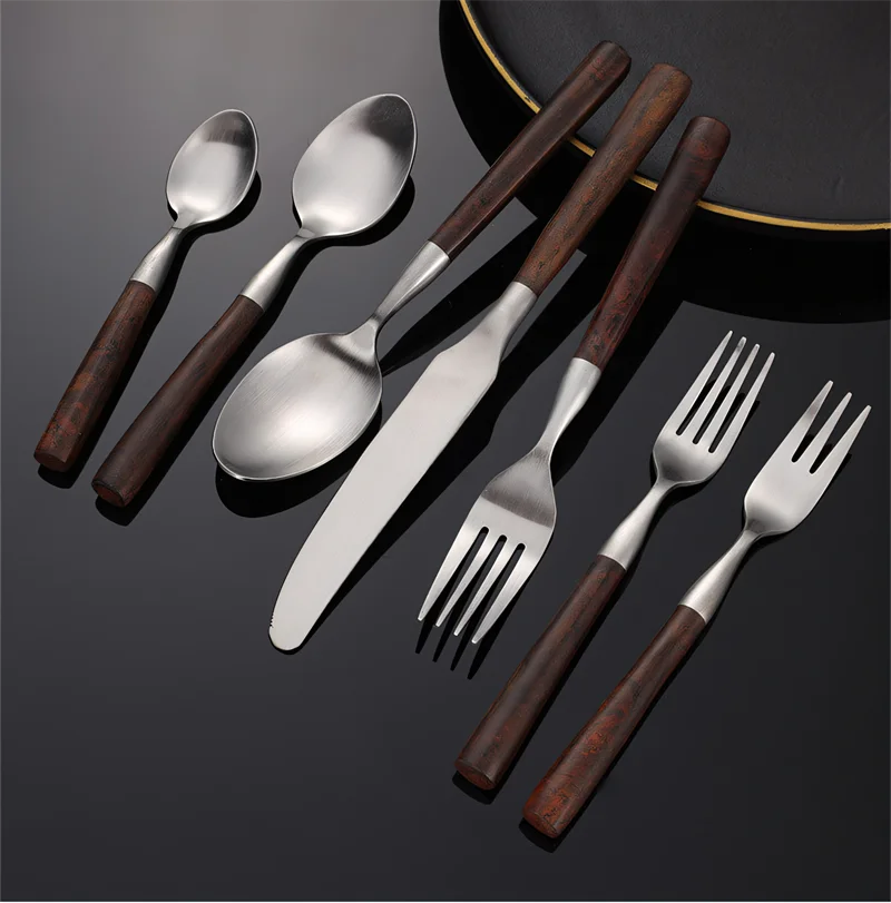 Description Picture 4 of itemStainless Steel Cutlery Set Imitation Wooden Handle Sliver Western Dinner Knife Forks Spoon Table Decoration Accessories