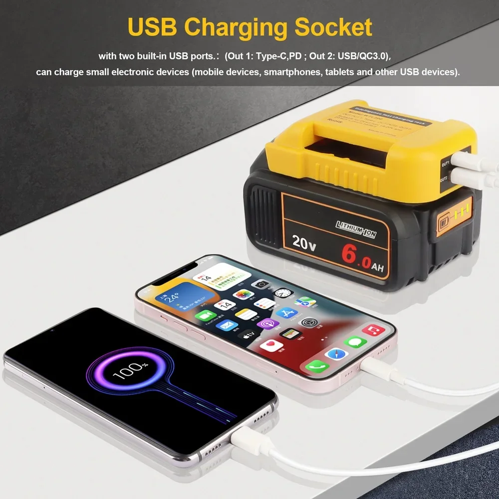Dewalt 20V 18V DCB200 DCB202 DCB203 리튬 이온 배터리 고속 충전기 랙 어댑터 용 USB 및 Type-C 클램프 홀더 벨트 변환기