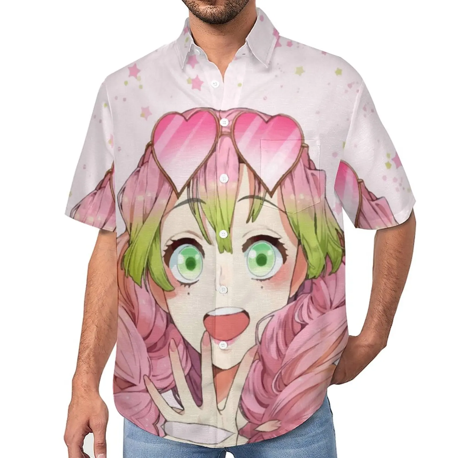 

Mitsuri Kanroji with Color Stars Casual Shirts KIMETSU NO YAIBA Vacation Shirt Hawaiian Fashion Blouses Men Print Plus Size