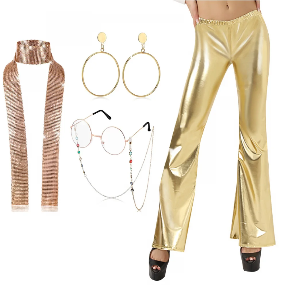 thumbnail image 1 of Pantalones anchos estilo discoteca de los años 70, 4 piezas, metalizados, dorados, con joyas estilo discoteca, para mujer, estilo hippie, discoteca de los años 70, pantalones acampanados para fiesta d, 1 of 4